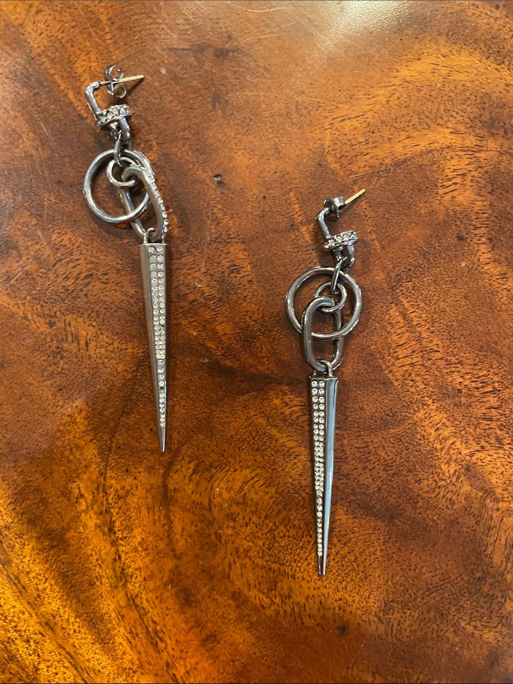 Gunmetal Spike Dangle Earrings with Rhinestones